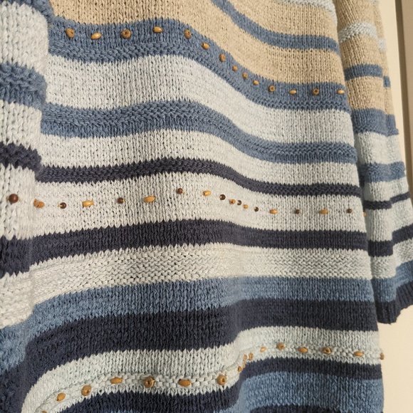 Alfred Dunner Blue and Cream Beachy Beaded Knit Sweater (Size: M) - Picture 3 of 4